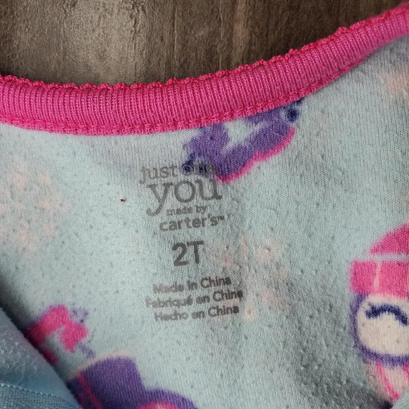 Carter's Size 2T Toddler Girl Blue and Pink Penguin Fleece Footed Pajamas - Picture 2 of 15